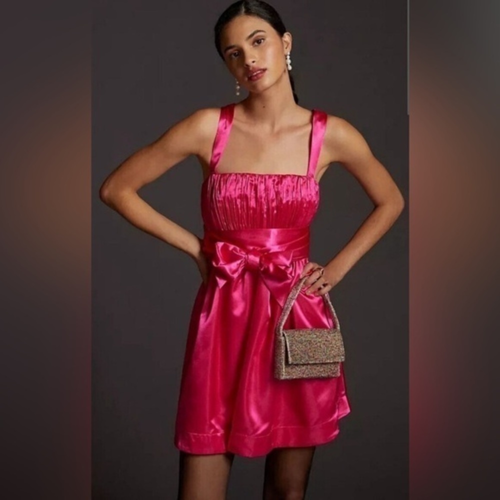 Anthropologie Fuchsia Satin Bow-Front Mini Dress